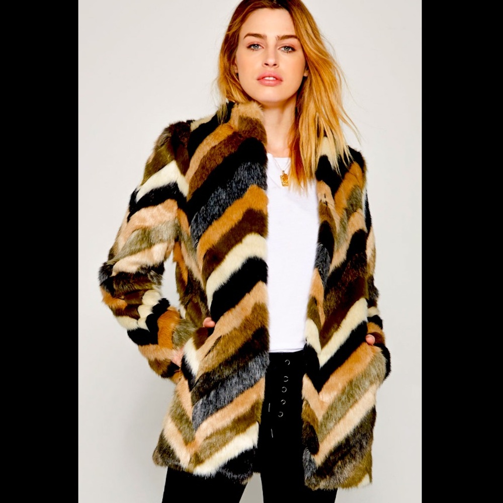 Patchwork multi toned faux fur coat